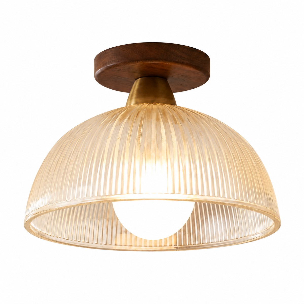 Deckenleuchte aus Holz und Glas in Walnussfarbe